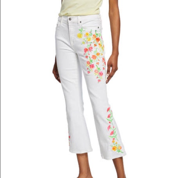 7 For All Mankind 7FAMK Neon Floral Embroidery Flare White Cropped Kick Jeans 28 - Picture 5 of 15